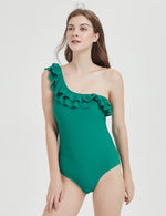 Solid colour Double Ruffle One Shoulder Sexy One Piece Swimwear